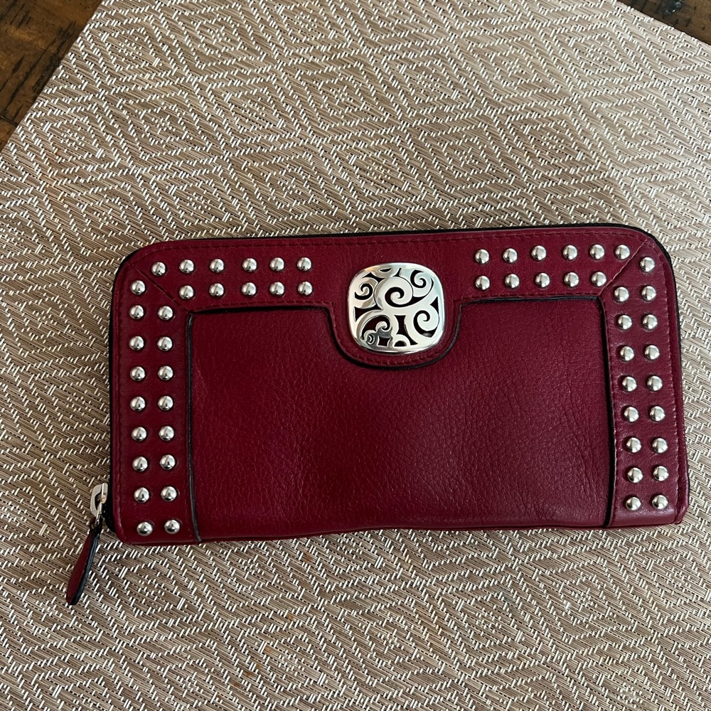 Brighton Studded Burgundy Zip Wallet with Decorative Metal Snap - Picture 2 of 15